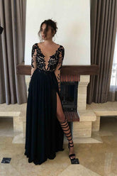Fashion Black Lace Long Sleeve Prom Dresses Evening Dresses, Party Dresses
